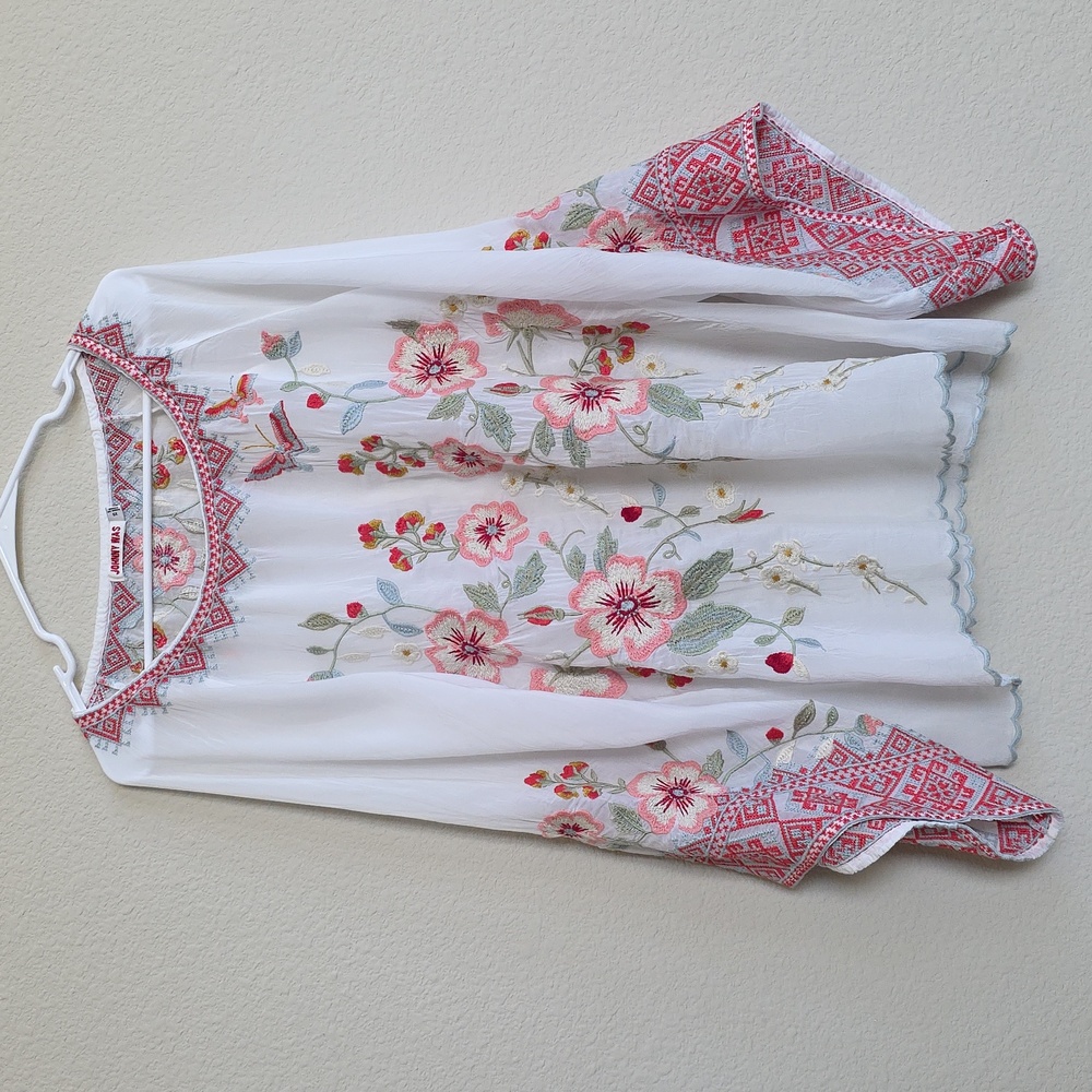 NWOT Johnny Was Grace Top Floral Embroidered White Red Boho Cottagecore, Sz XS